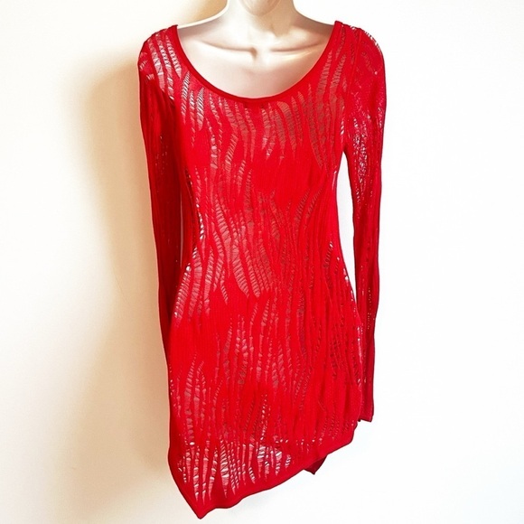 Express Tunic Sweater Open Knit Scoop Neck Asymmetrical Hem Pullover Red Small - Picture 3 of 7